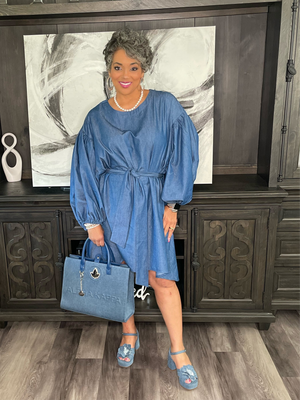 Open image in slideshow, Nancy Yang Denim Puff Sleeve High Low
