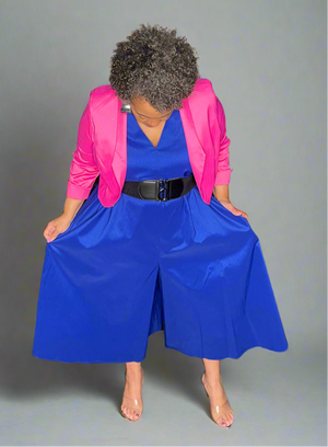 Samuel Dong Royal Blue Short Jumpsuit Dress (also available in Black, Midnight-Blue, Olive Green, Red Botox)