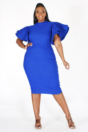 Open image in slideshow, Royal Blue Bodycon Dress with Flute Sleeves. (Plus Size Only)
