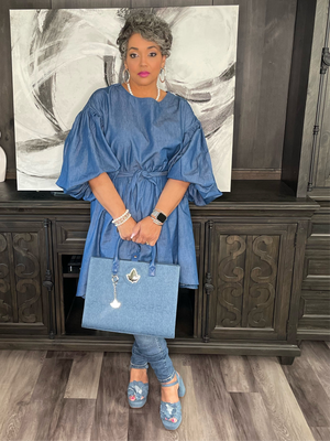 Nancy Yang Denim Puff Sleeve High Low