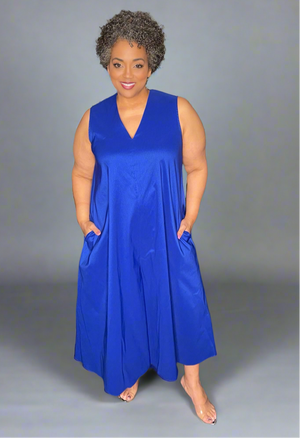 Open image in slideshow, Samuel Dong Royal Blue Short Jumpsuit Dress (also available in Black, Midnight-Blue, Olive Green, Red Botox)
