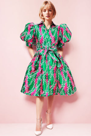 Open image in slideshow, SHORT Michelle Pink &amp; Green Button Down Maxi Duster Dress (Boule Hot Seller) Only S-L available. Limited Quantities.
