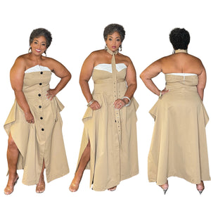 Open image in slideshow, Khaki Stretch Strapless Dress
