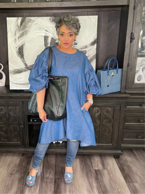 Nancy Yang Denim Puff Sleeve High Low