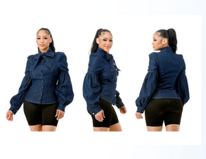 Open image in slideshow, Denim Bubble Sleeve Top with a Tie
