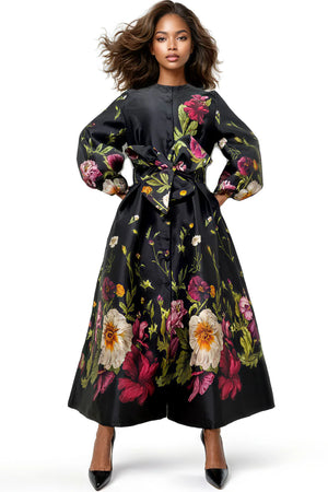 Open image in slideshow, Nancy Yang Black with Magenta Floral Puff Sleeve Dress/Duster
