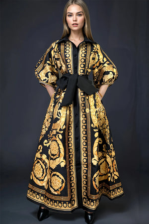 Open image in slideshow, Coretta Black &amp; Gold Button Down Maxi Duster Dress
