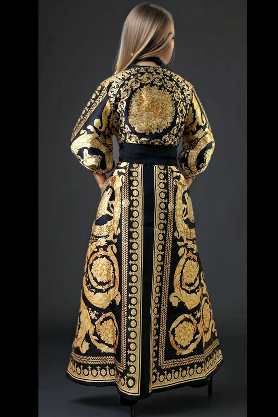 Coretta Black & Gold Button Down Maxi Duster Dress