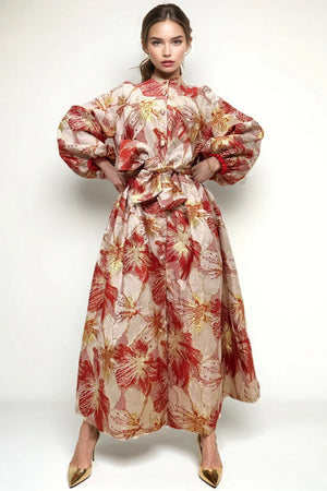 Open image in slideshow, Nancy Yang Red, White, &amp; Gold Jacquard Dress/Duster

