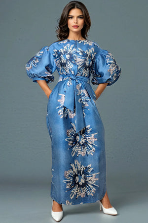 Open image in slideshow, Nancy Yang Royal Blue &amp; White Floral Puff Sleeve Dress
