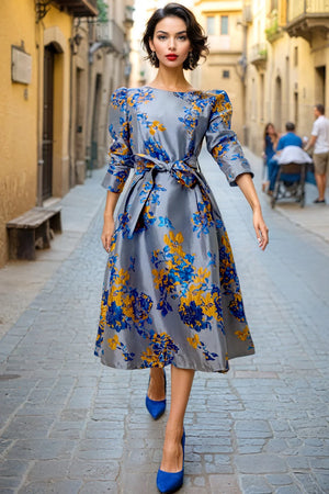 Open image in slideshow, Nancy Yang Royal Blue &amp; Gold Jacquard Midi Dress
