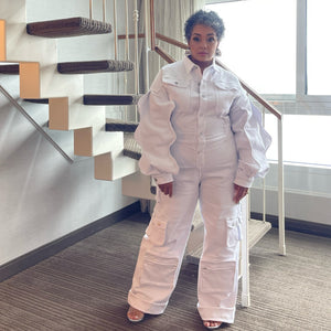 White Denim Cargo Ruffle Sleeve Jumpsuit