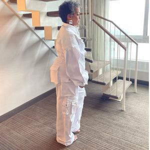 White Denim Cargo Ruffle Sleeve Jumpsuit