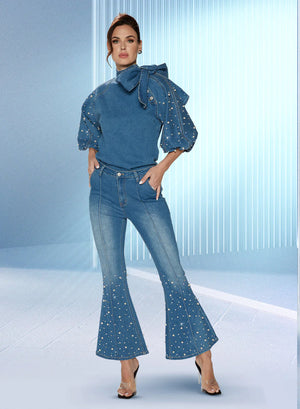 Open image in slideshow, Donna Vinci Denim &amp; Pearls Pants
