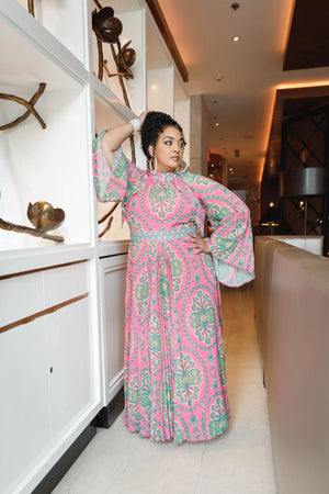 Open image in slideshow, *Restocked Pink &amp; Green Maxi Dress with Pleated Sleeves (S-2X)
