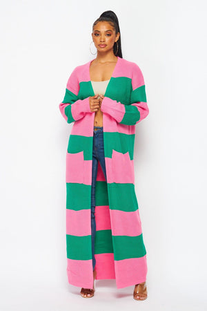 Pink and Green Striped Cardigan Duster