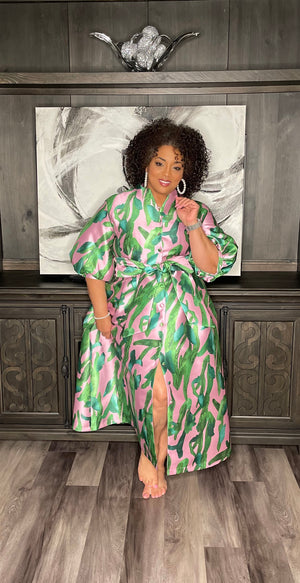 Open image in slideshow, *3rd Restocked Kamala (Pink &amp; Green Button Down Maxi Duster Dress) Only 1 Small left!
